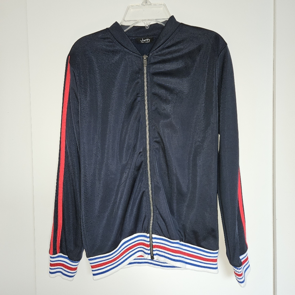 Justify Navy Sweatsuit With White Trim And Red Track Stripes